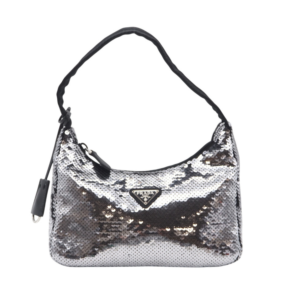 PRADA Nylon Re-Edition Sequin Hobo Handbag WS22477 Silver Black Women's